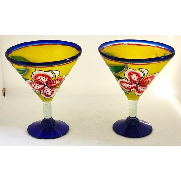 MARTINI/COCKTAIL GLASSES-Hand Blown-Hand Painted-Floral-Hibiscus Flower-Set-2 - Picture 1 of 13